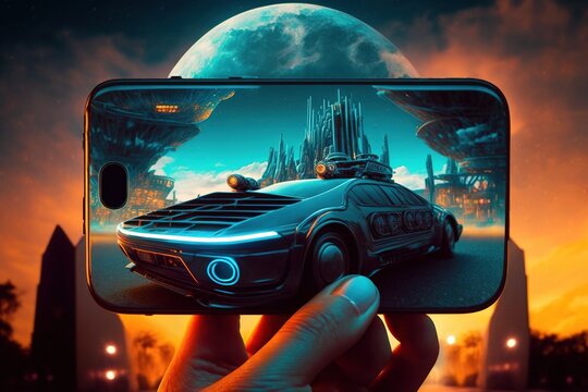 A hand holding a phone with a futuristic neon car on the screen, with a colorful landscape in the background, generative ai