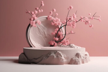 Floral beauty product display on pink stone podium with sakura branch shadow. Minimal 3D render for spring promotion.