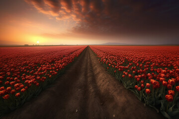 Fototapeta premium tulip field at sunset