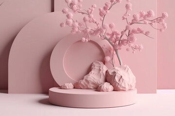 Floral beauty product display on pink stone podium with sakura branch shadow. Minimal 3D render for spring promotion.