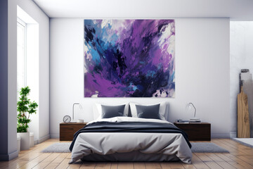 Bedroom with large queen bed and purple or violet style art poster above. High quality generative ai