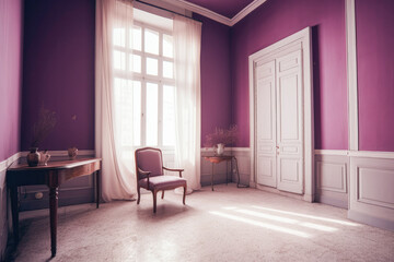 Fototapeta premium Classical style living room with purple walls, purple curtains, windows and furniture. High quality generative ai