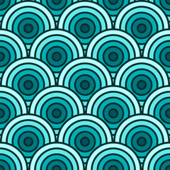 Colorful Chinese and Japanese seamless pattern. Traditional asian ornament, oriental New Year decoration. Modern blue background, geometric texture with waves. Vector illustration