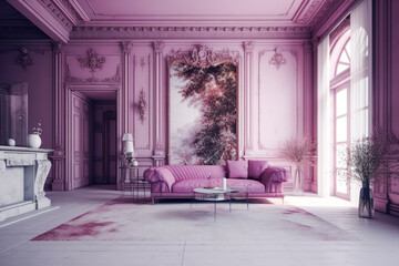 Fototapeta premium Classical style living room with purple walls, purple curtains, windows and furniture. High quality generative ai