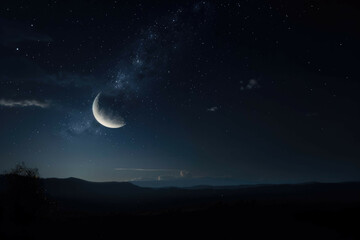 Obraz na płótnie Canvas A beautiful, clear night sky with a crescent moon and stars - Generative AI