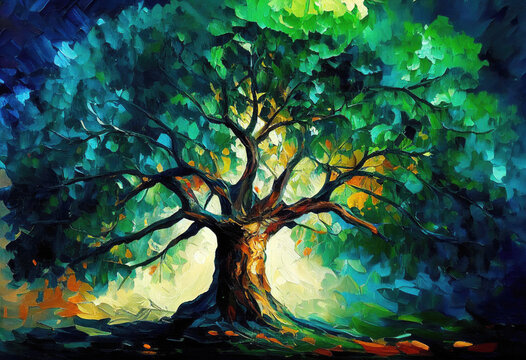 Green Summer Oak Tree Oil Painting. AI generative