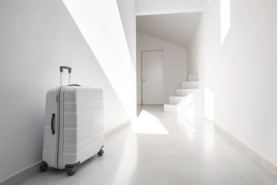 White suitcase  on white background. 3D rendering. travel concept. minimal style. Generative AI