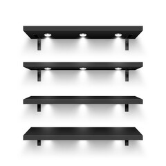 Realistic black store shelves with wall mount and lighting, spotlights. Empty product shelf, grocery wall rack. Mall and supermarket furniture, bookshelf. Modern interior design. Vector illustration