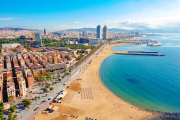 Aerial view of Ciutat Vella district with Barceloneta beach Spain - 593371145