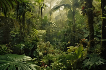 A lush, tropical rainforest with a variety of plants and trees - Generative AI