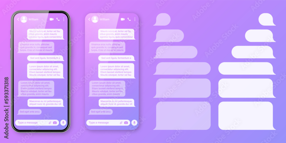 Wall mural Realistic smartphone with messaging app on colorful violet background. Blank SMS text frame. Chat screen with transparent message bubbles. Social media application. Vector illustration