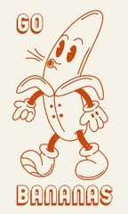 Go bananas 70s retro groovy illustration print with funny slogan for graphic tee t shirt or sticker poster - Vector