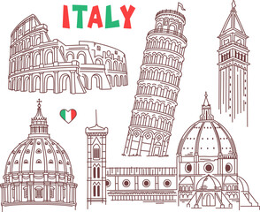 Italian architecture and landmarks - Colosseum, Tower of Pisa, St Peter's Basilica, St Mark's Campanile, Florence Cathedral. Vector drawing. Outline stroke is not expanded, stroke weight is editable - obrazy, fototapety, plakaty