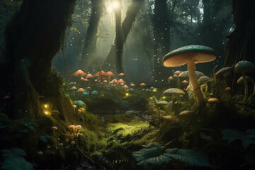 Fototapeta na wymiar A magical forest, filled with glowing mushrooms and mysterious plants - Generative AI
