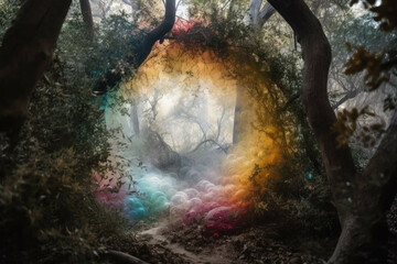 Fototapeta na wymiar A magical portal in a forest, with a bright light coming from inside and colorful mist surrounding it - Generative AI