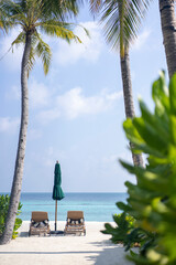 Two sun loungers and a sun umbrella on the background of the beach in the Maldives