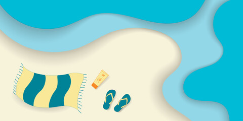 Summer beach Background in Paper cut style. Sea holiday Concept. Vector image of paper layers