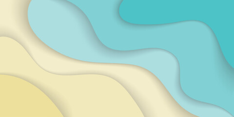 Summer background in paper cut style. Top view sea coast. Template for banner, advertising of tourist services