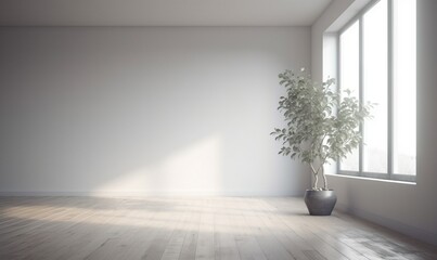 Fototapeta na wymiar a white room with a potted plant next to a window. generative ai