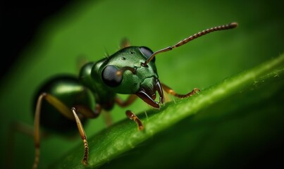  a close up of a green insect on a green leaf.  generative ai