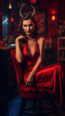 Obraz na płótnie Canvas Beautiful girl as a devil with horns sitting in a bar in a red dress created with generative AI technology