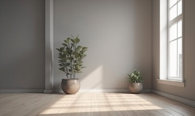  two potted plants sit in a corner of a room.  generative ai