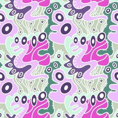 Fototapeta na wymiar Cartoon monsters seamless emoticons aliens pattern for kids clothes print and wrapping paper and fabrics
