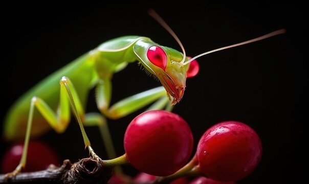  a close up of a praying mantissa on a plant.  generative ai