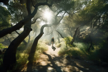 Fototapeta na wymiar A person walking on a path through a forest, with sunlight streaming through the trees - Generative AI