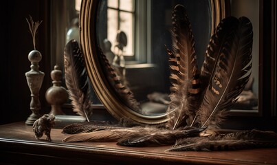  a mirror and some feathers are on a table next to a figurine.  generative ai
