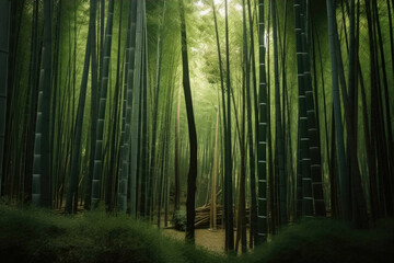 Fototapeta na wymiar A bamboo forest, with its tall slender stalks and vibrant green leaves - Generative AI