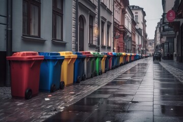 multi-colored plastic tanks for collecting and sorting garbage on the streets of the city. generative AI