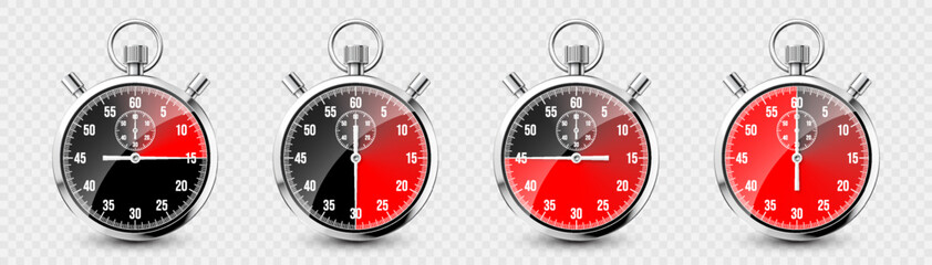 Realistic classic stopwatch. Shiny metal chronometer, time counter with dial. Red countdown timer showing minutes and seconds. Time measurement for sport, start and finish. Vector illustration