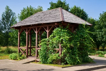 Deurstickers Wooden gazebo in backyard or in summer garden. Summerhouse pergola summerhouse entwined with vine leaves. © chamillew