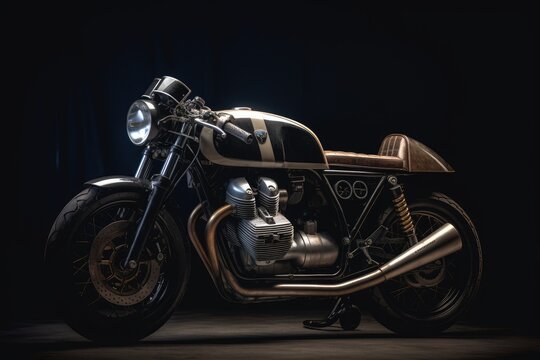 Cafe racer motorcycle on black. Generative AI.