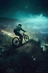 Mountain Biker Soaring Above Cityscape. Generative AI.