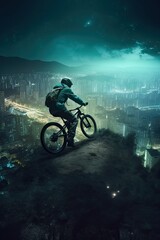 Naklejka premium Mountain Biker Soaring Above Cityscape. Generative AI.