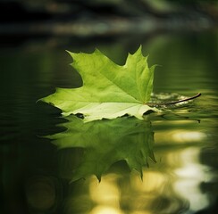 Green Leaf Floating in Calm Water. Generative AI.