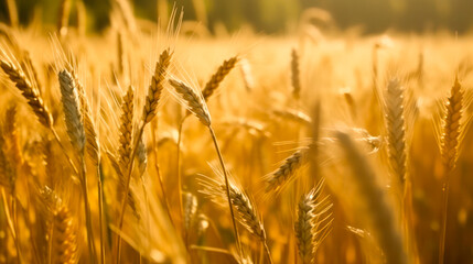 Obraz premium Ears of golden wheat are sealed. Beautiful sunset landscape of nature. Rural landscape under bright sunlight. Background of maturation of ears of meadow wheat field. The concept of a rich harvest