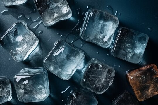 Top above overhead close up view photo of ice cubes with rain drops on light color backdrop. AI generative