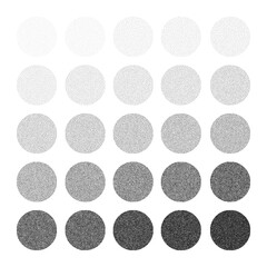 Round shaped dotted objects, stipple elements. Fading gradient. Stippling, dotwork drawing, shading using dots. Pixel disintegration, halftone effect. White noise grainy texture. Vector illustration
