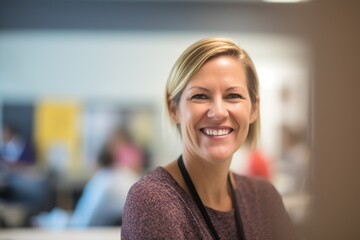 Fototapeta premium Middle-Aged Blonde Teacher Smiling in Classroom. Generative AI.