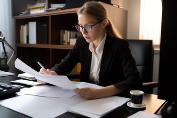 Professional Female Paralegal Reviewing Legal Documents in Office. Generative AI.