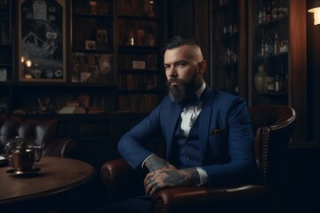 Fototapeta na wymiar Bearded and Tattooed Gentleman Relaxing in Vintage Leather Chair. Generative AI.