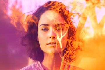 Woman Surrounded by Purple and Orange Trees. Generative AI.