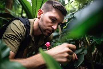Man Looking at Plants in Botanical Garden. Generative AI.