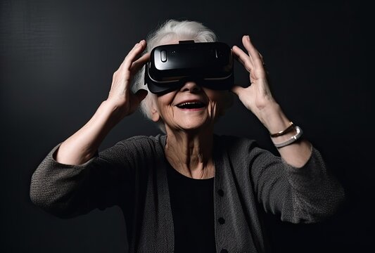 Senior Woman Delights in Virtual Reality Experience. Generative AI.
