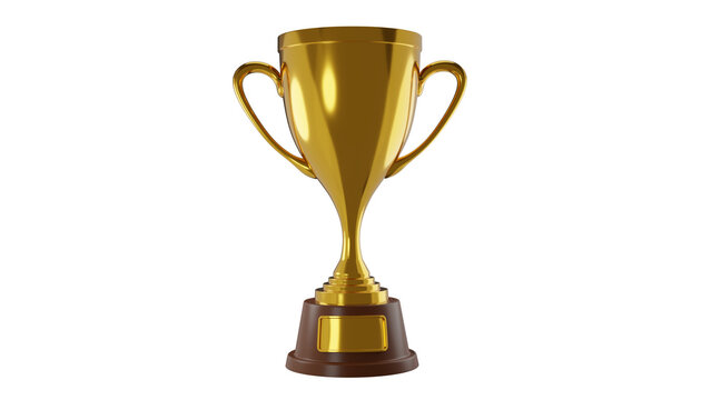 Golden shiny trophy cup with handles isolated on transparent background. First place. Award concept. 3D render