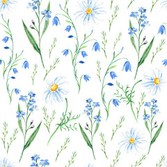 Seamless watercolor pattern with wildflowers bluebell, forget-me-not, camomile on white background. Can be used for fabric prints, gift wrapping paper, kitchen textile.