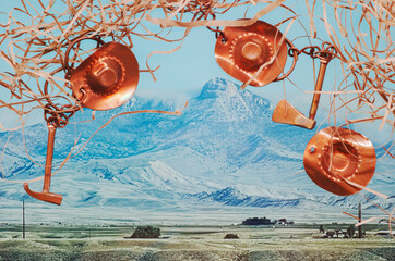 Snowy mountains framed with prospector mining picks & hats imply climbing, discovery, trailblazing...